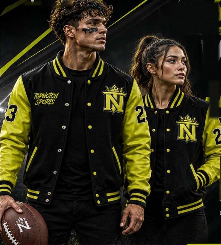 Man and woman wearing black and yellow Top Notch Sports custom varsity jackets