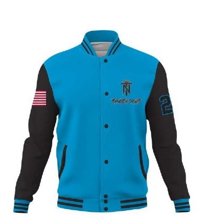 The same varsity jacket design in the catalog blue and black colorway